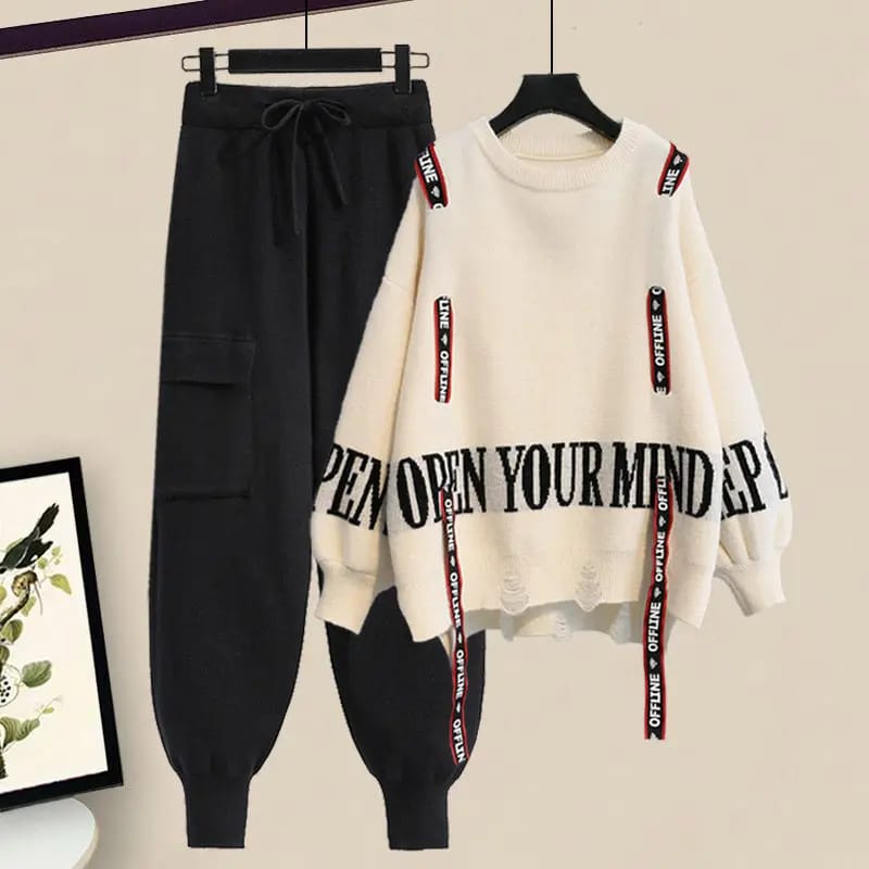 Conjunto Casual Elegante de Dos Piezas para Mujer: Suéter Tejido con Lazo y Pantalón. Ideal para Invierno y Media Estación.